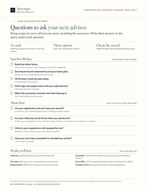 Page one of the printable list of questions to ask your next advisor