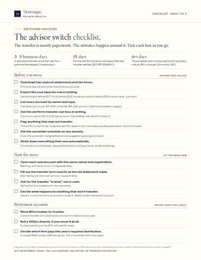 Page one of the printable advisor switch checklist